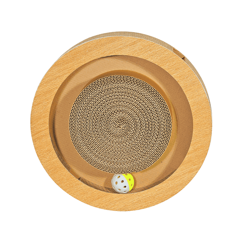 Corrugated cat scratching post with cat bell ball